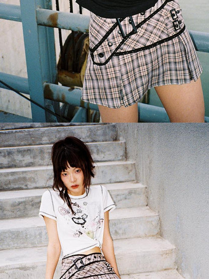 CFIERCE Lace Up Waist Checkered Skirt