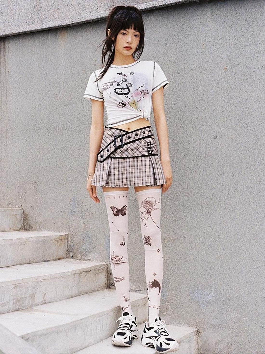 CFIERCE Lace Up Waist Checkered Skirt