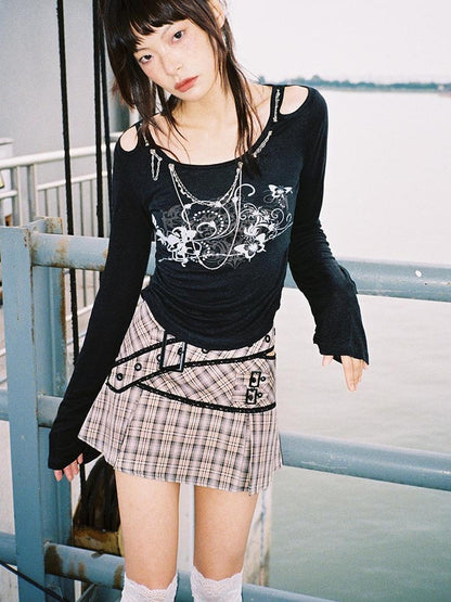 CFIERCE Lace Up Waist Checkered Skirt