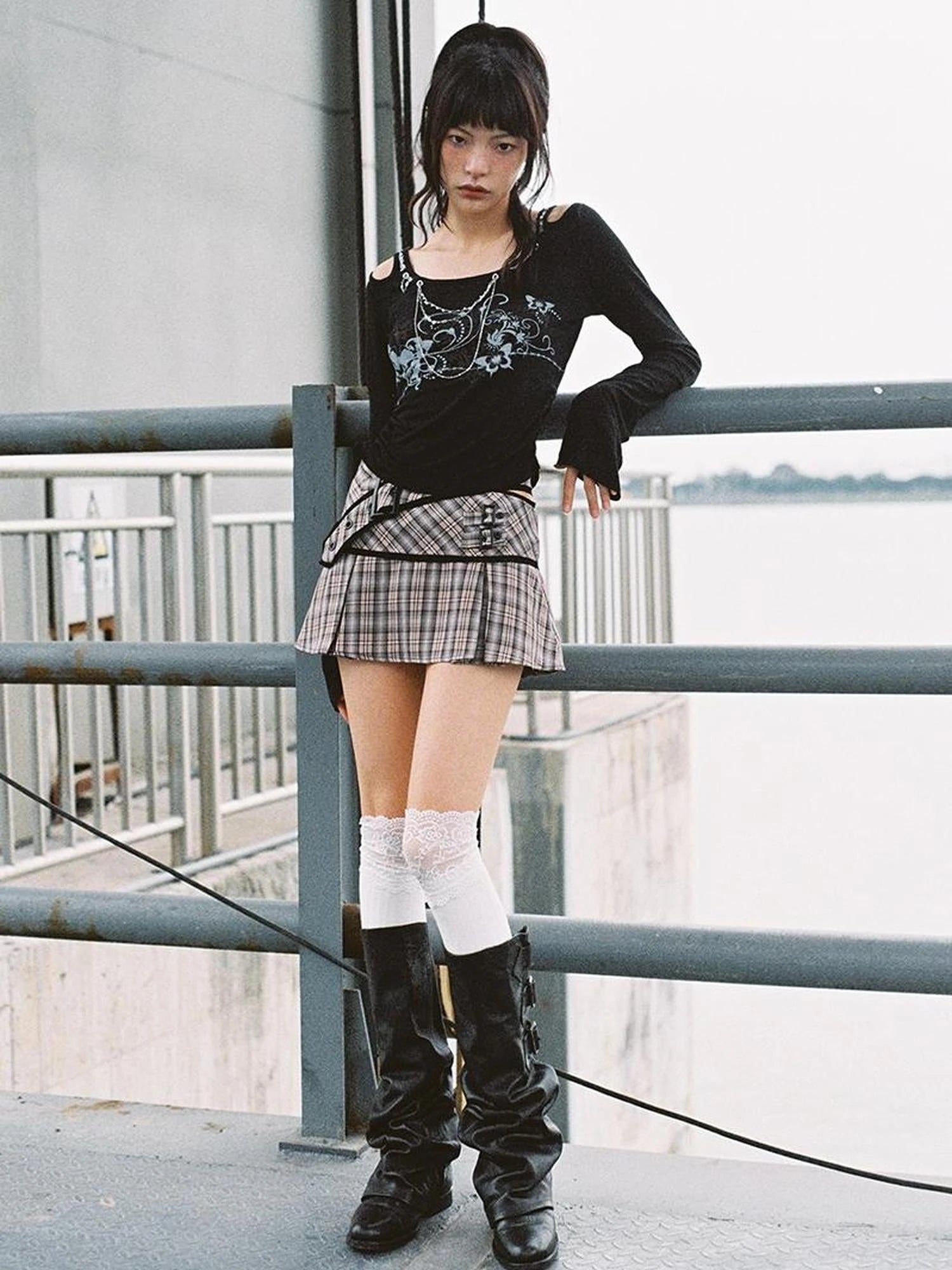 Lace Up Waist Checkered Skirt