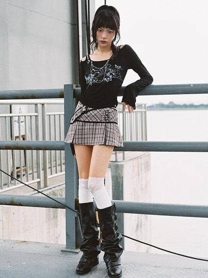 Lace Up Waist Checkered Skirt