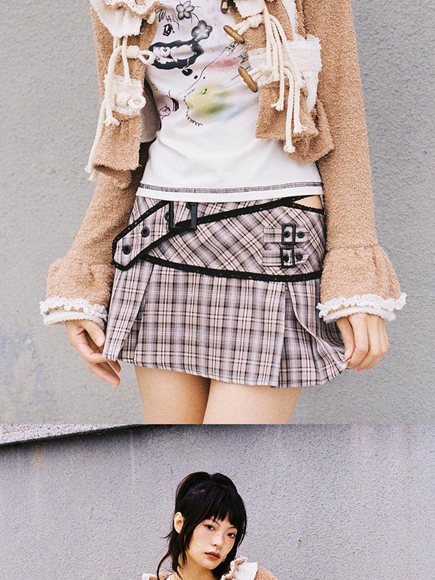 CFIERCE Lace Up Waist Checkered Skirt