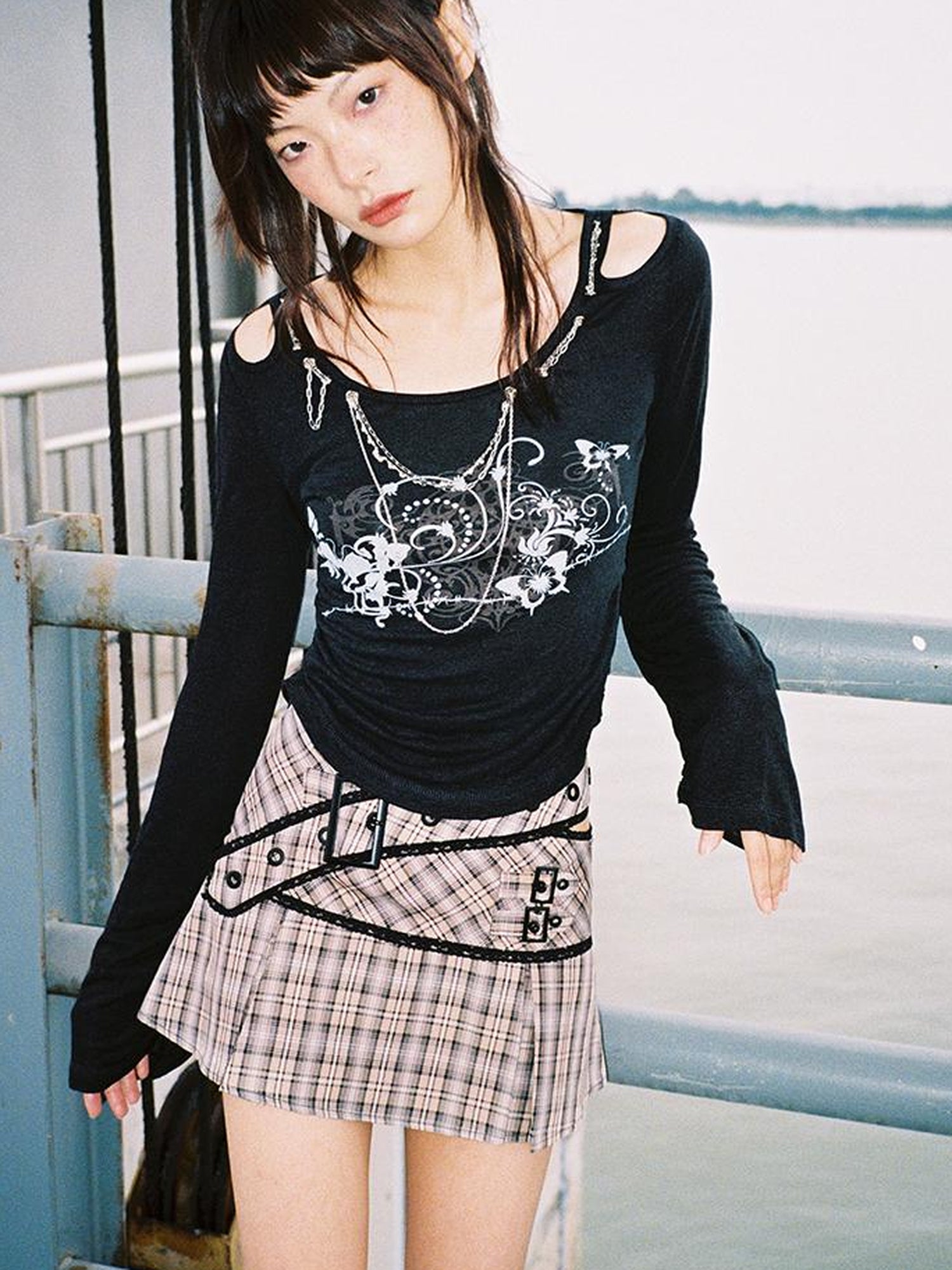 CFIERCE Lace Up Waist Checkered Skirt