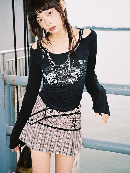 CFIERCE Lace Up Waist Checkered Skirt