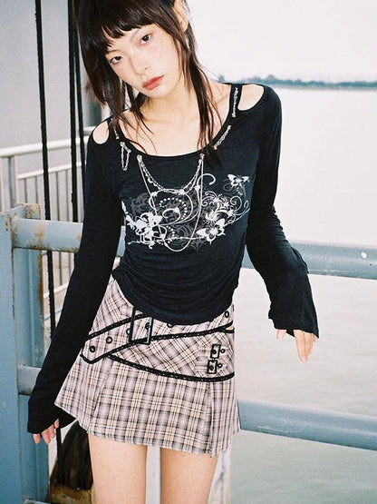 Lace Up Waist Checkered Skirt
