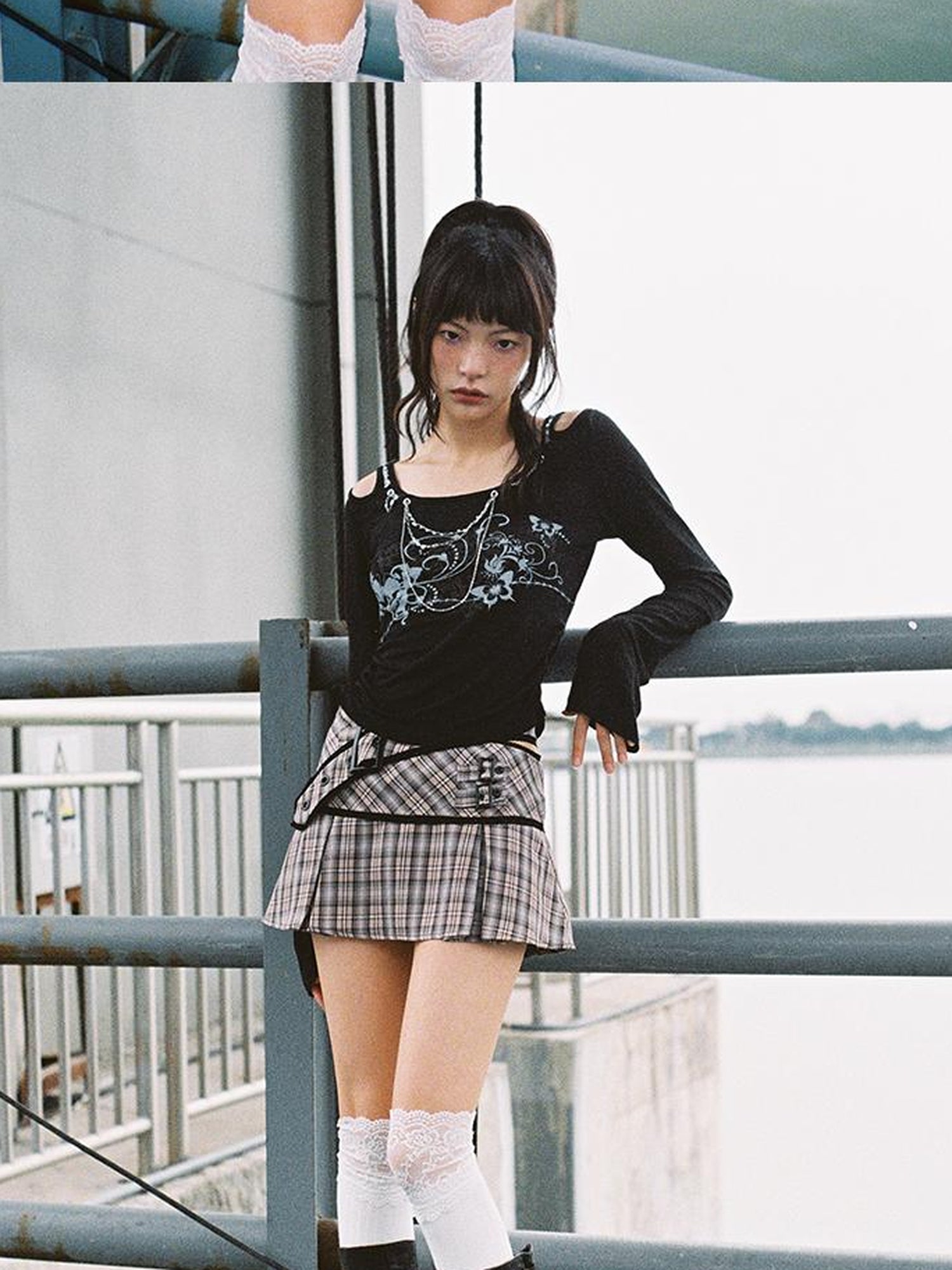 CFIERCE Lace Up Waist Checkered Skirt