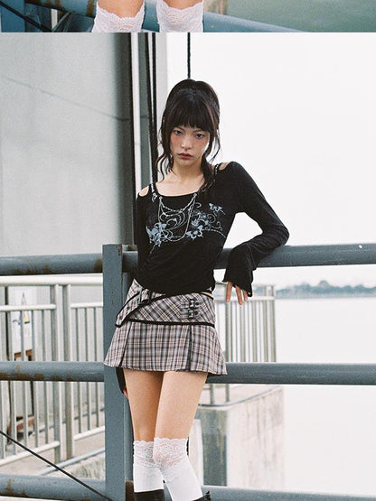 CFIERCE Lace Up Waist Checkered Skirt