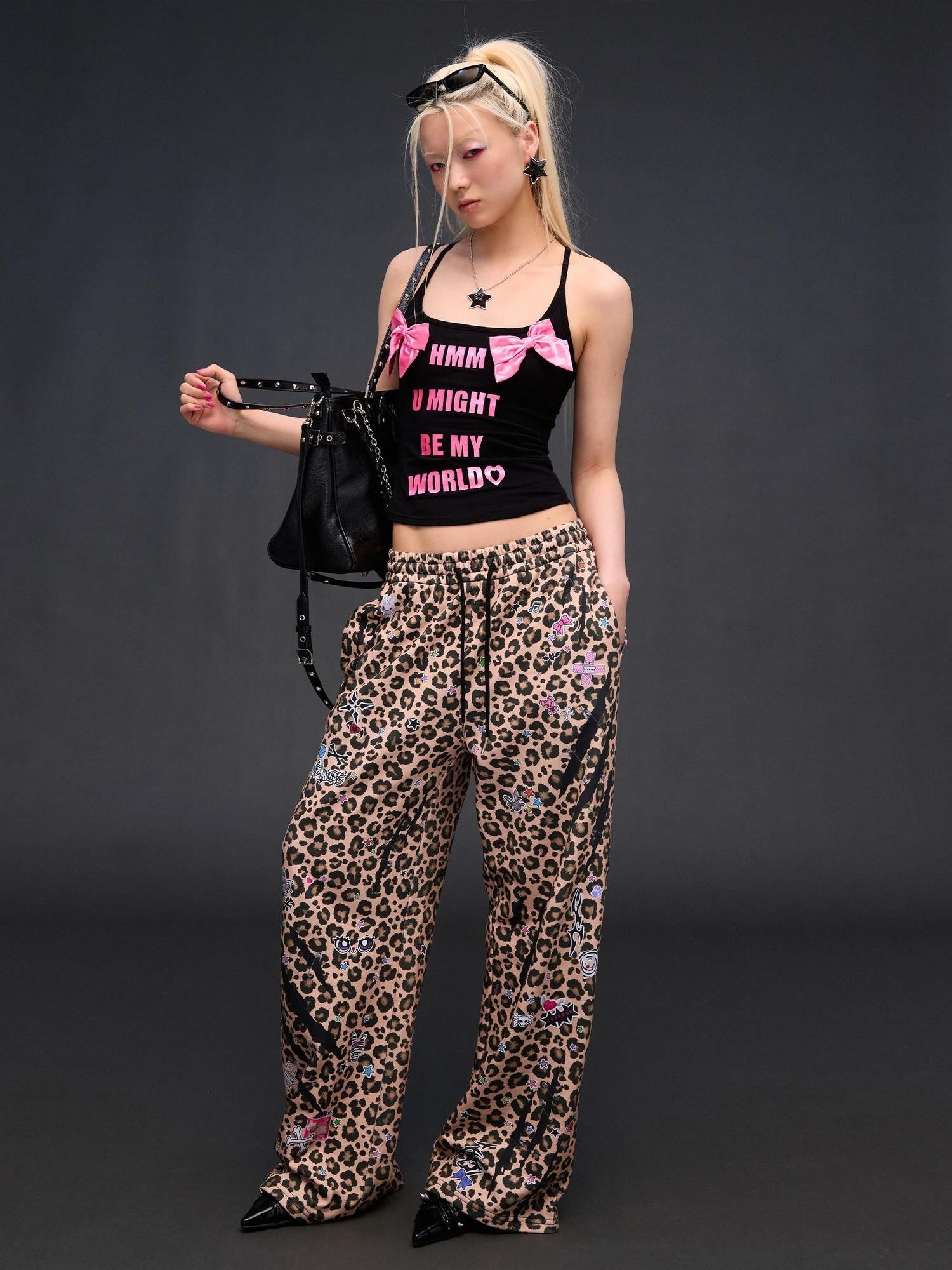 CFIERCE Leopard Asymmetric Sticker Print Street Straight Women&
