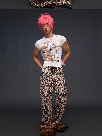 CFIERCE Leopard Asymmetric Sticker Print Street Straight Women&