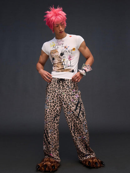 CFIERCE Leopard Asymmetric Sticker Print Street Straight Women&