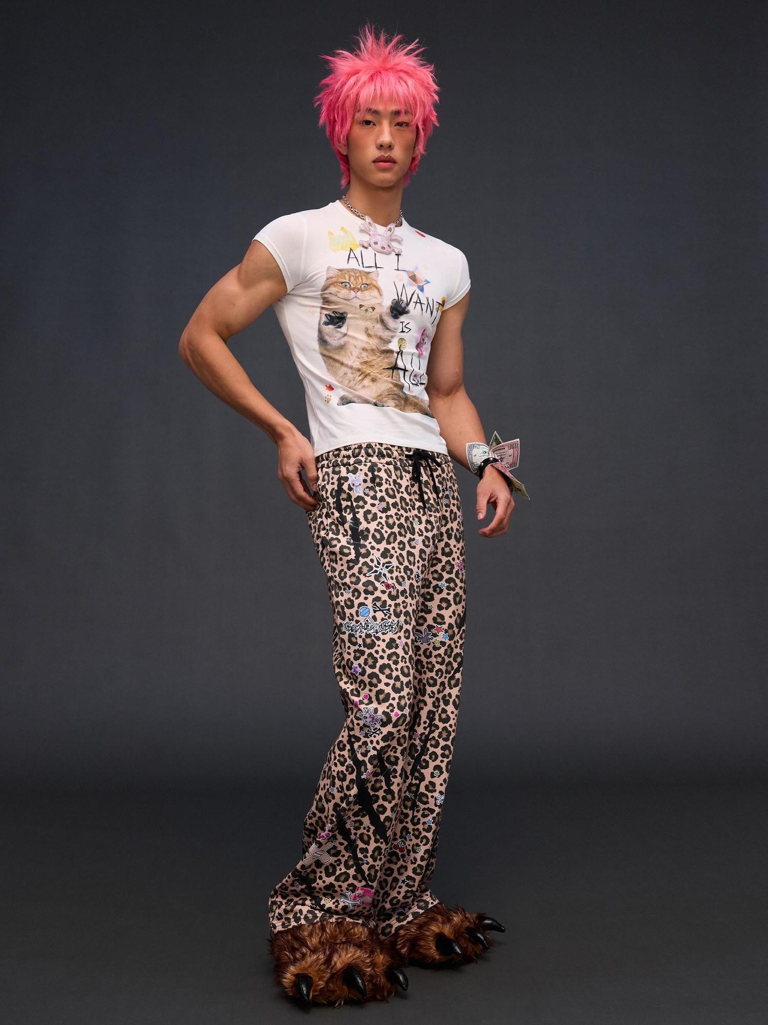 CFIERCE Leopard Asymmetric Sticker Print Street Straight Women&
