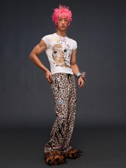 CFIERCE Leopard Asymmetric Sticker Print Street Straight Women&