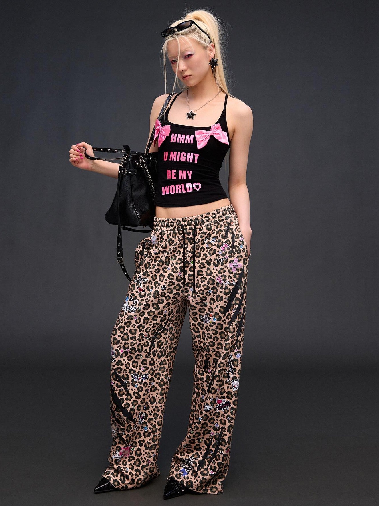 CFIERCE Leopard Asymmetric Sticker Print Street Straight Women&