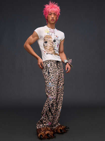 CFIERCE Leopard Asymmetric Sticker Print Street Straight Women&
