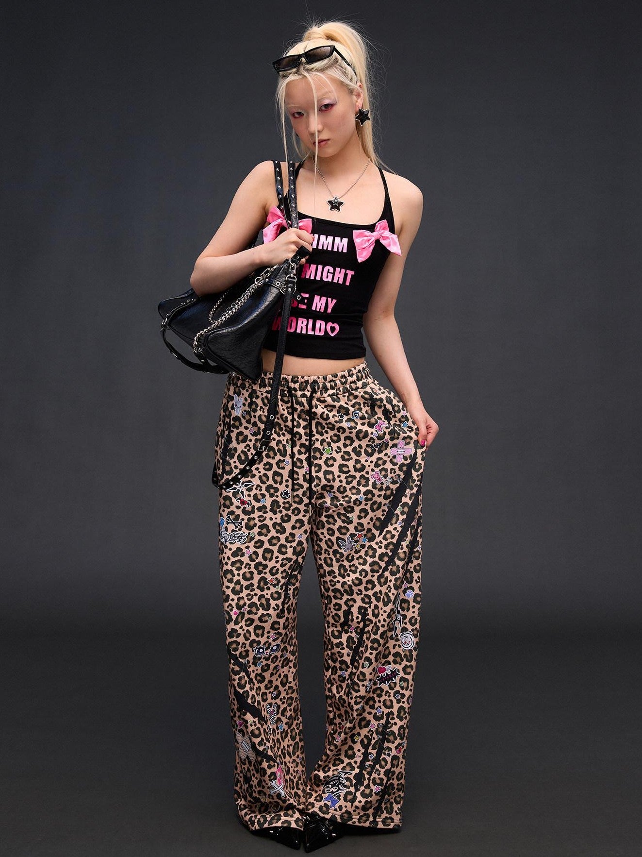 CFIERCE Leopard Asymmetric Sticker Print Street Straight Women&