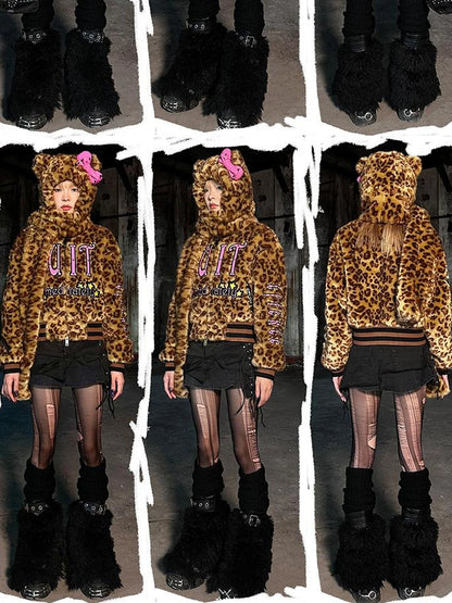 Leopard Embroidered Jacket V Neck T Shirt Long Sleeve