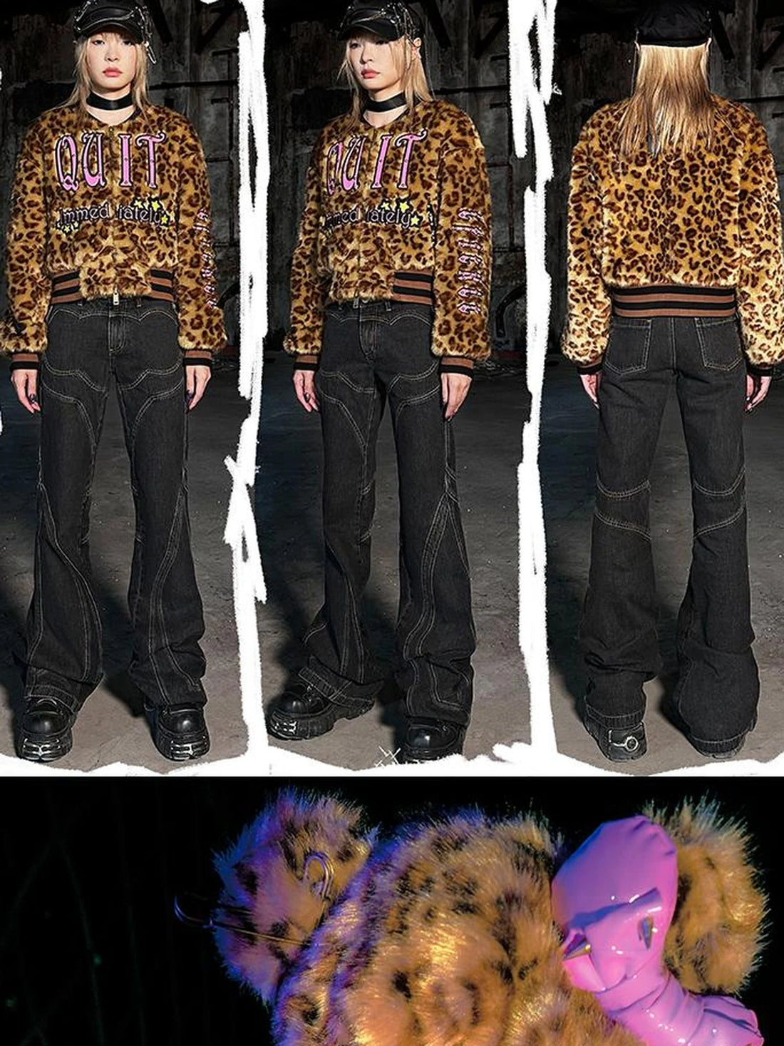 Leopard Embroidered Jacket V Neck T Shirt Long Sleeve