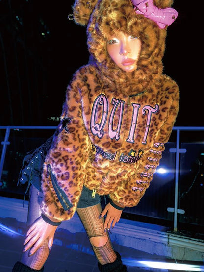 Leopard Embroidered Jacket V Neck T Shirt Long Sleeve