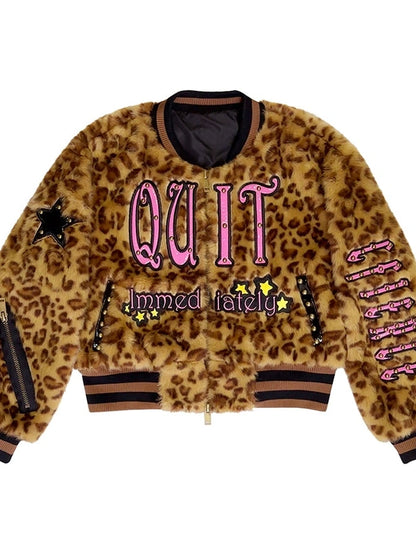 Leopard Embroidered Jacket V Neck T Shirt Long Sleeve