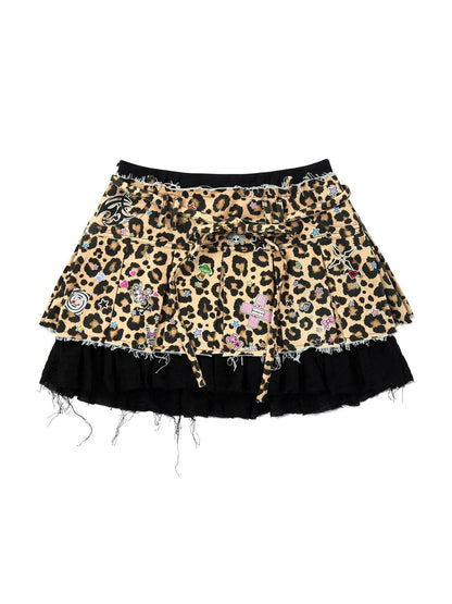 CFIERCE Leopard Sticker Print Distressed Faux Two Piece Women&
