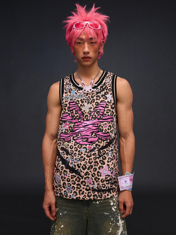 Leopard Zebra Print Embroidered Rabbit Skull Applique Women's Cotton Tank Tops