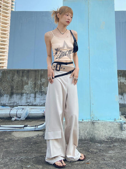 CFIERCE Low Rise Wide Leg Trousers With Multi Belt Waist Detail