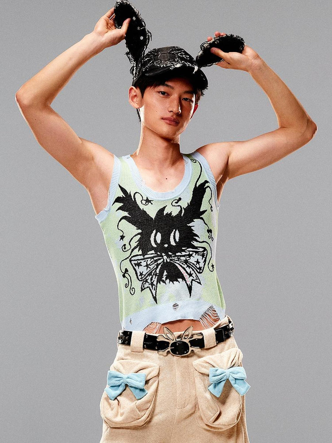 CFIERCE Magic Rabbit Knit Vest V-Neck T-Shirt Long-Sleeve