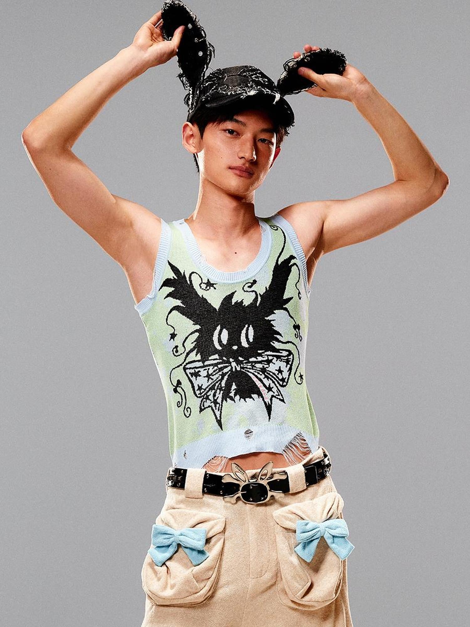 CFIERCE Magic Rabbit Knit Vest V-Neck T-Shirt Long-Sleeve