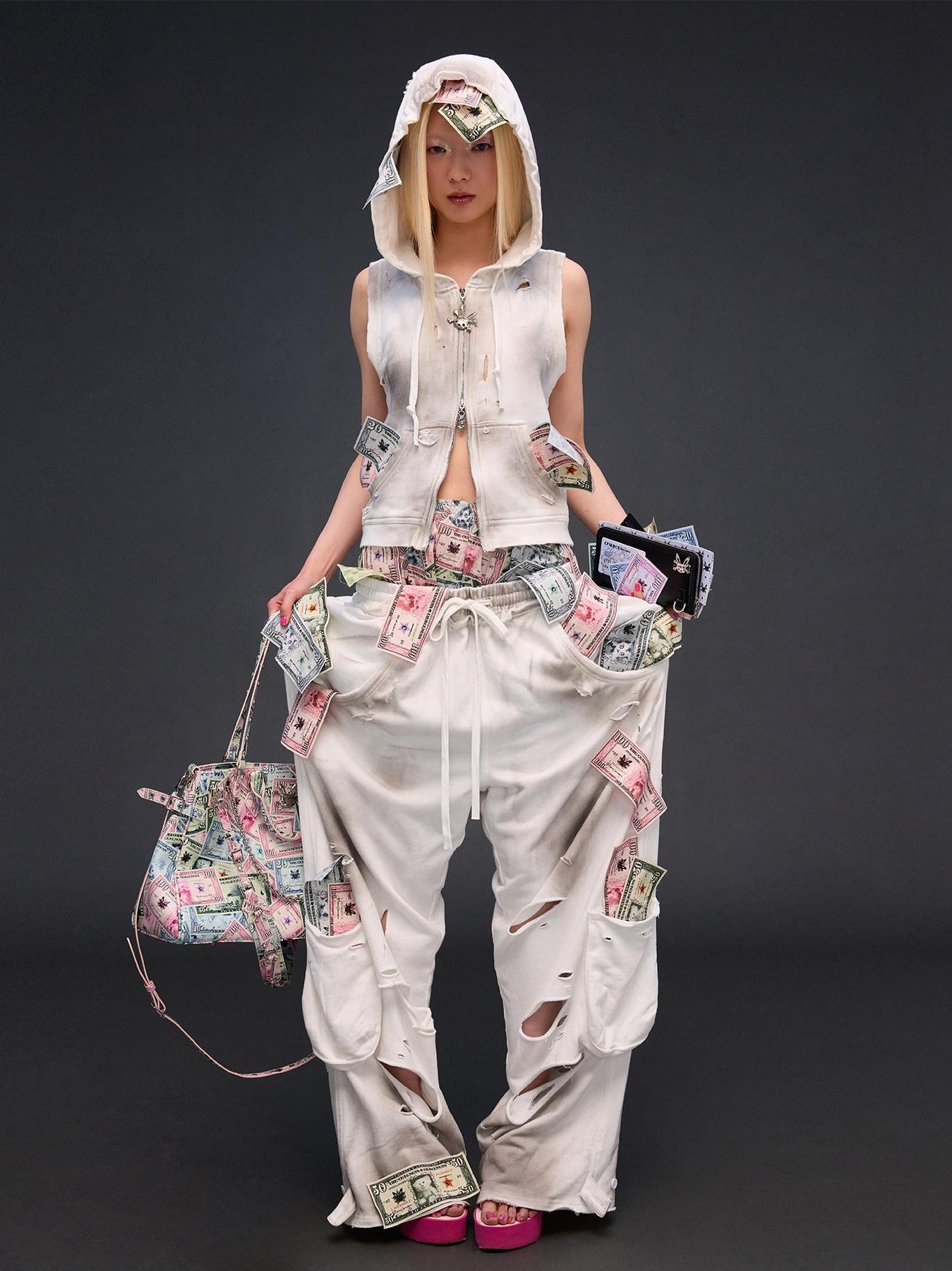 CFIERCE Money Print Distressed Asymmetrical Women&