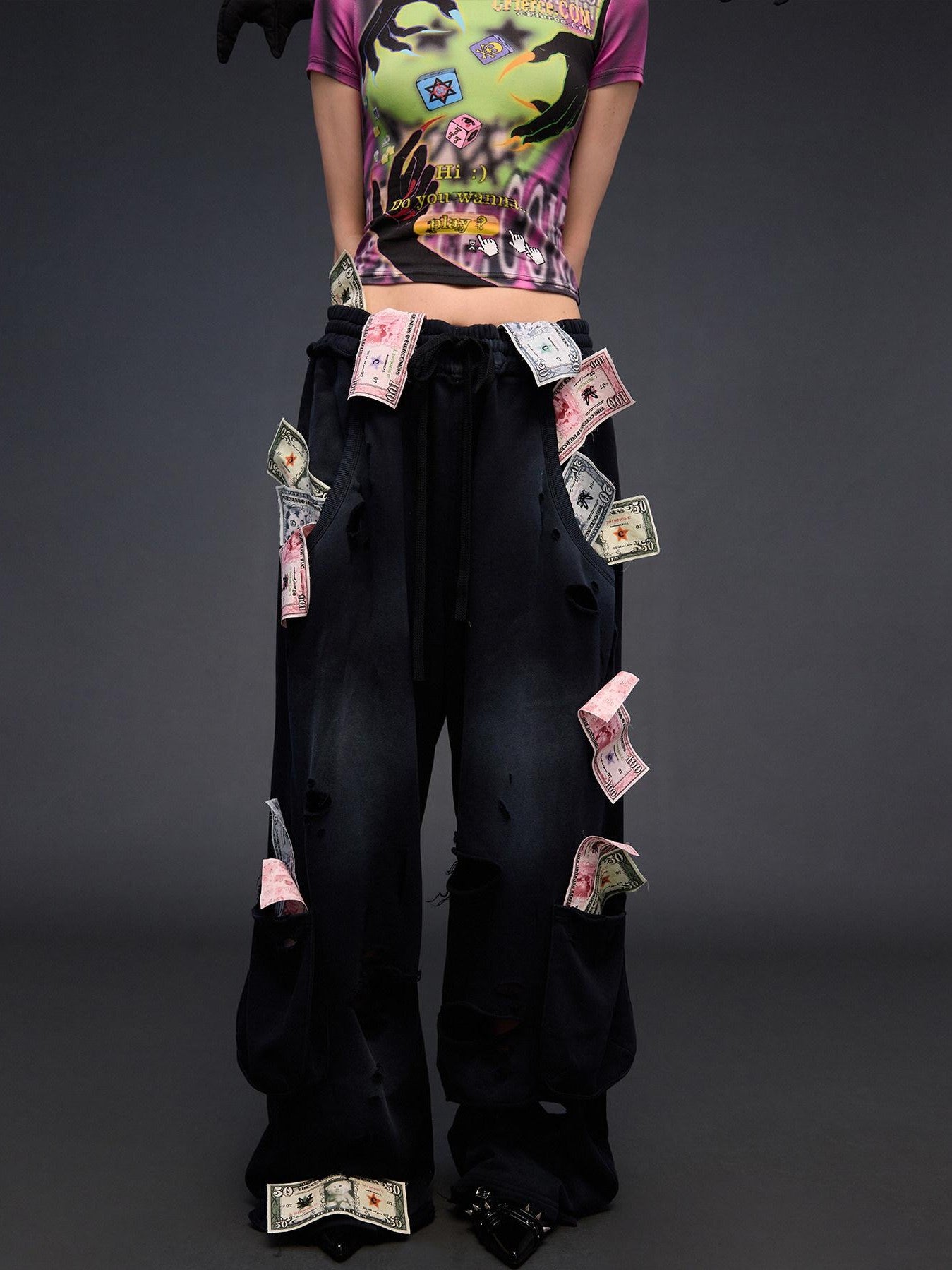 CFIERCE Money Print Distressed Asymmetrical Women&