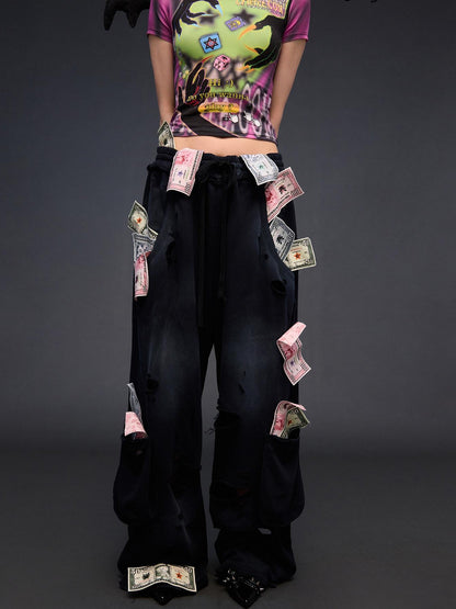 CFIERCE Money Print Distressed Asymmetrical Women&