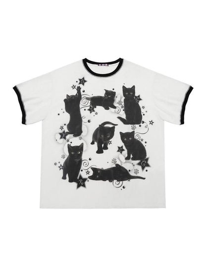 CFIERCE Oversized Black Cat Print Tee