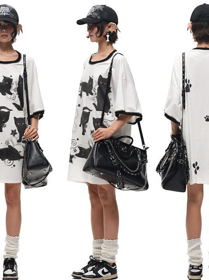 CFIERCE Oversized Black Cat Print Tee