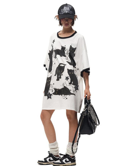 CFIERCE Oversized Black Cat Print Tee