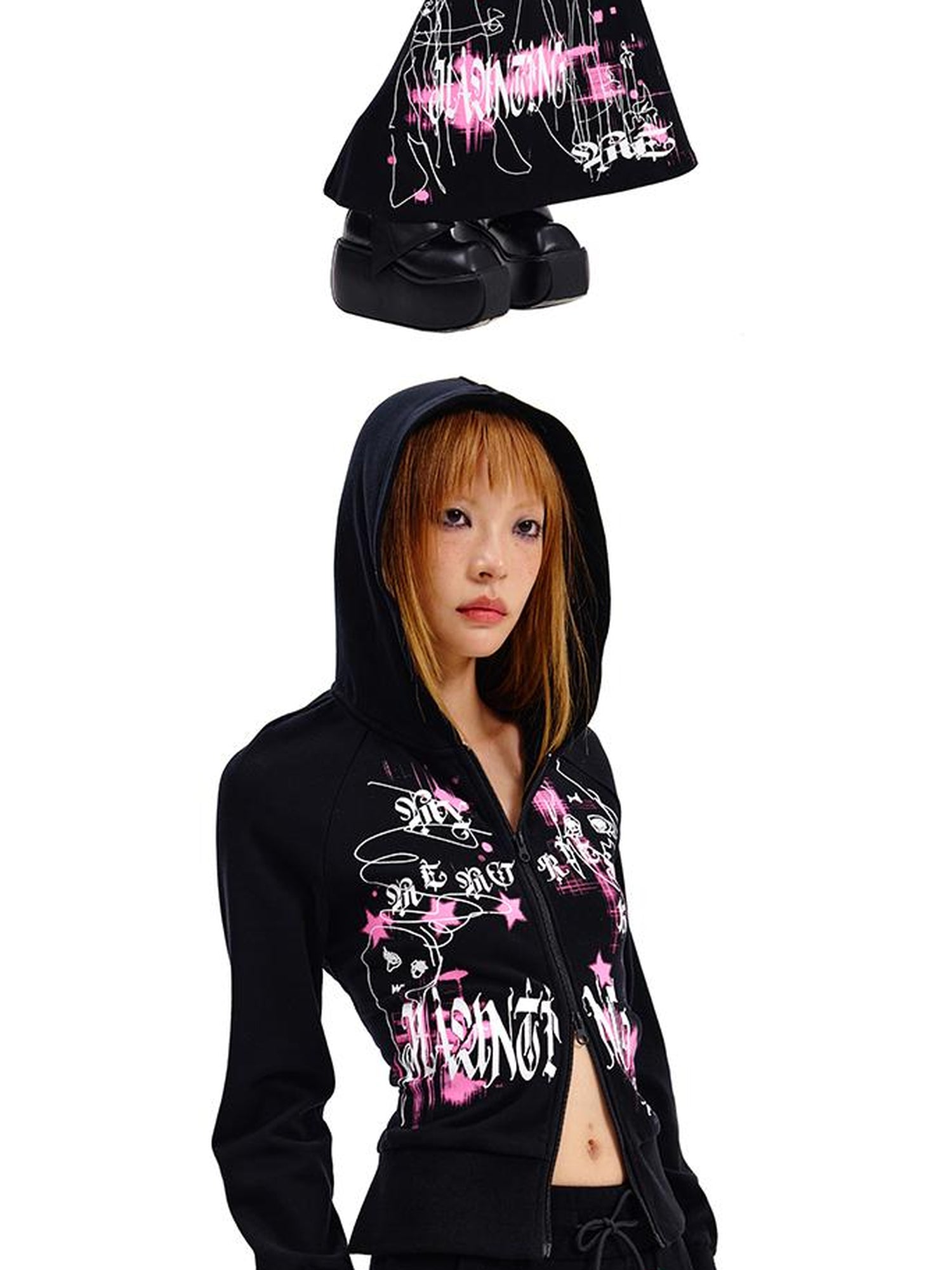CFIERCE Phantom Print Tie Detail Hooded Sweatshirt Coat