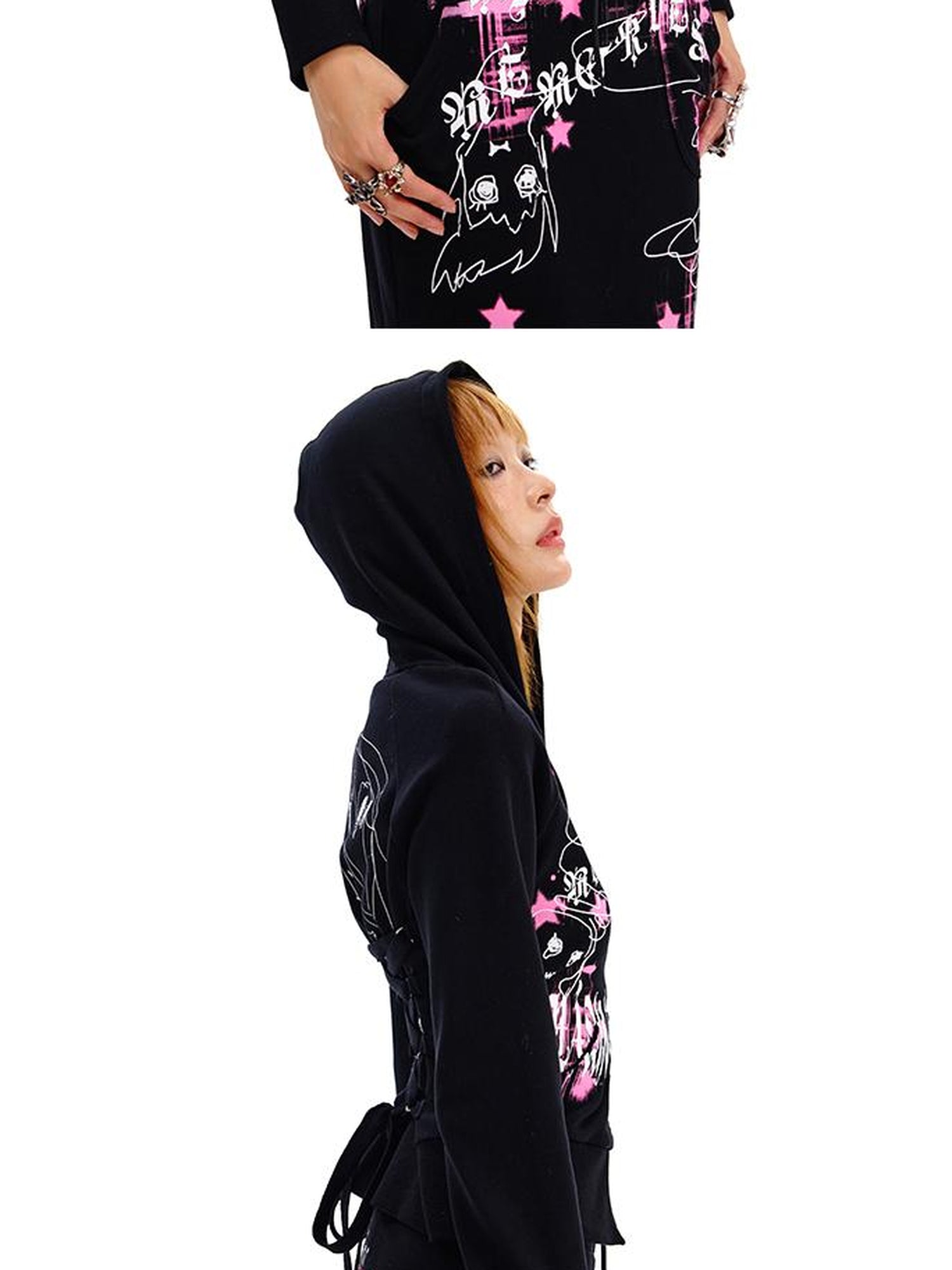 CFIERCE Phantom Print Tie Detail Hooded Sweatshirt Coat