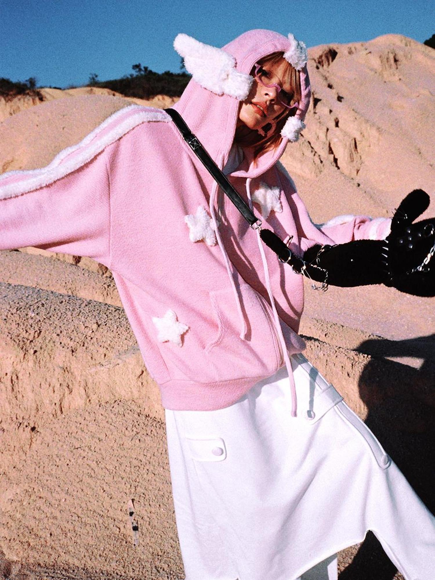 CFIERCE Pink Star Knit Cardigan With Angel Wing Details