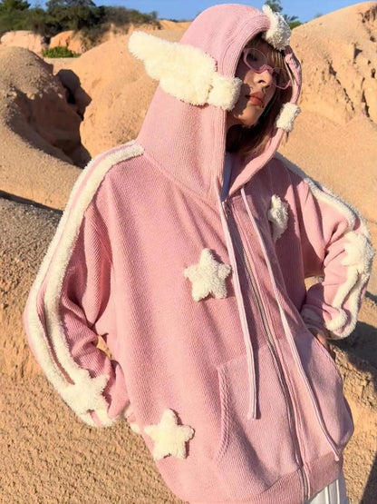 Pink Star Knit Cardigan With Angel Wing Details