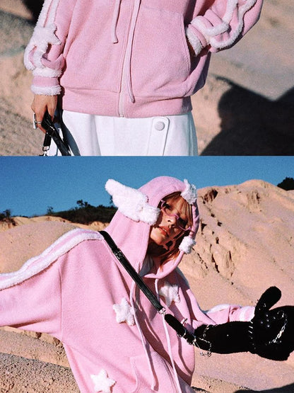 Pink Star Knit Cardigan With Angel Wing Details