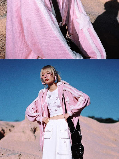 Pink Star Knit Cardigan With Angel Wing Details
