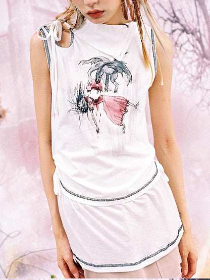 CFIERCE Princess Nightmare Print Vest V Neck T Shirt Long Sleeve