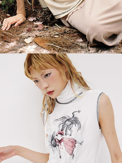 CFIERCE Princess Nightmare Print Vest V Neck T Shirt Long Sleeve