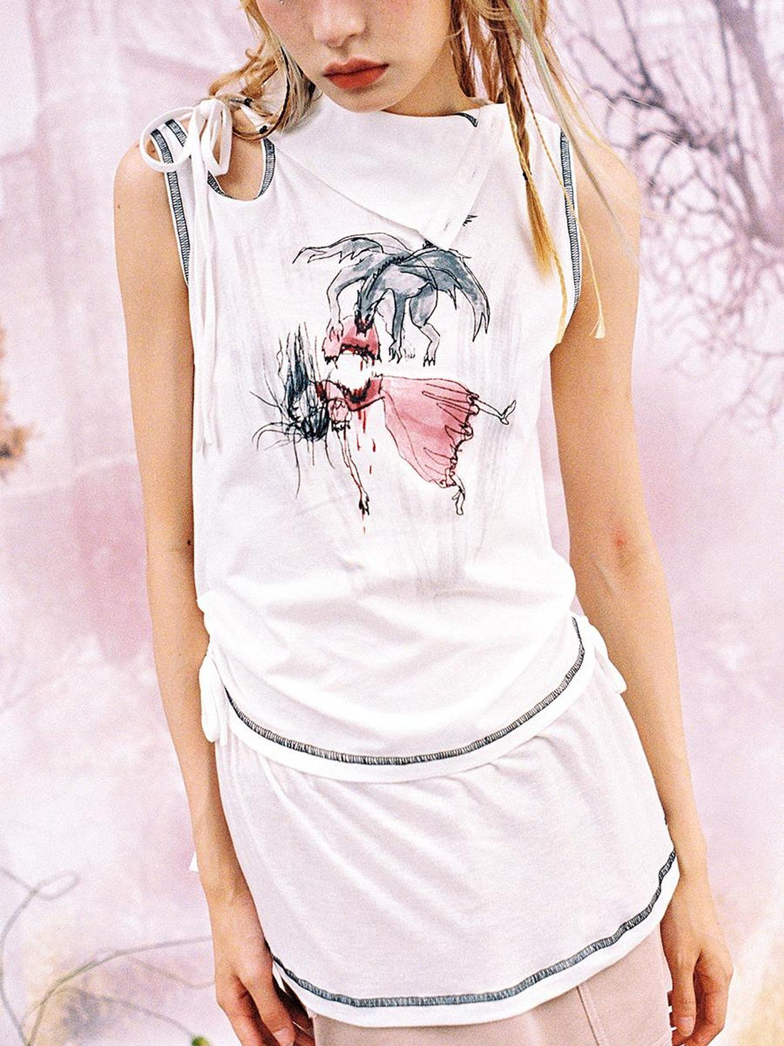 CFIERCE Princess Nightmare Print Vest V Neck T Shirt Long Sleeve