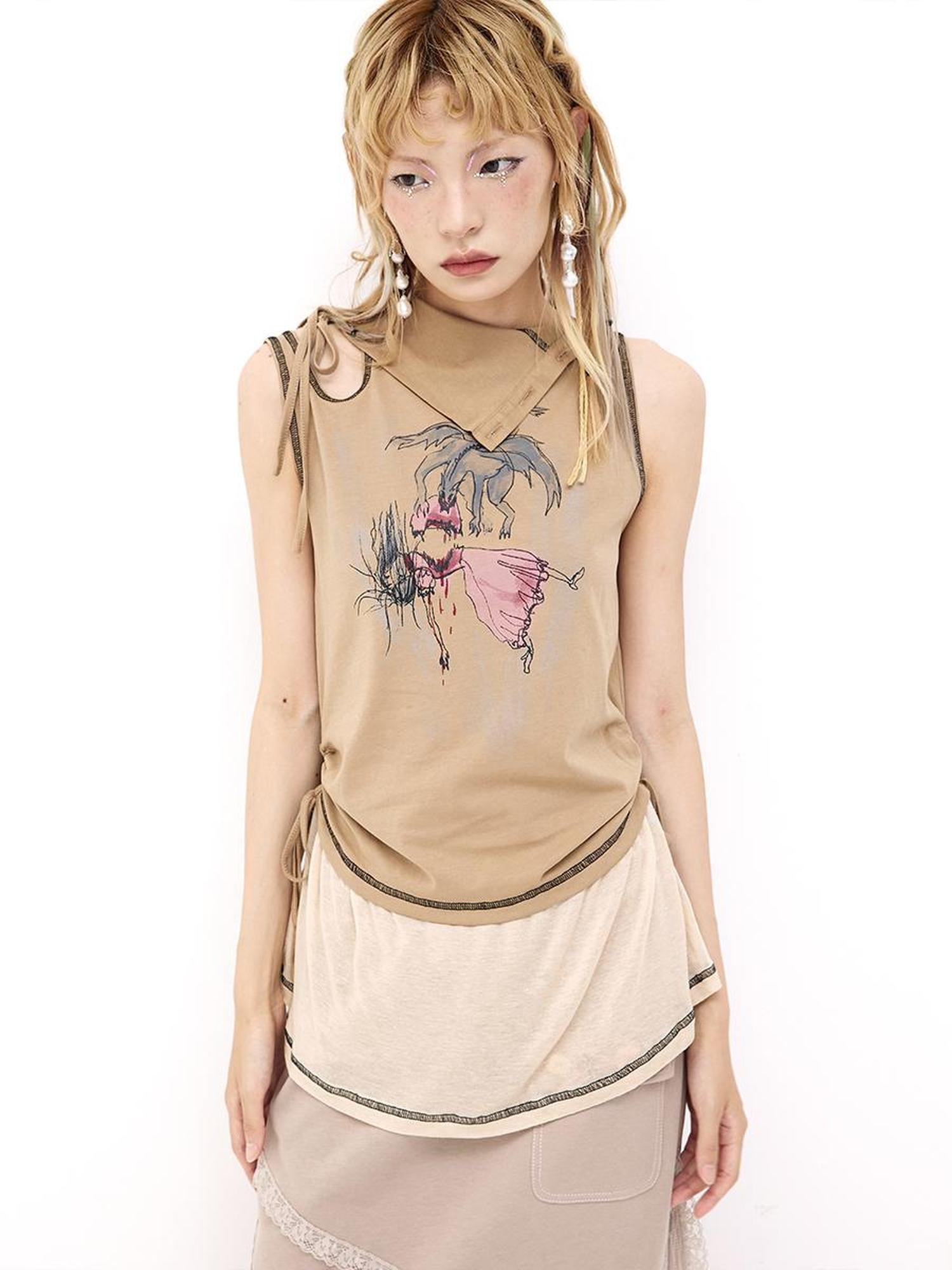 CFIERCE Princess Nightmare Print Vest V Neck T Shirt Long Sleeve
