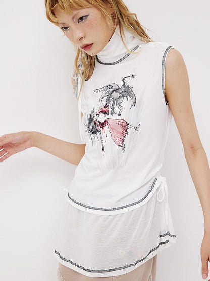 CFIERCE Princess Nightmare Print Vest V Neck T Shirt Long Sleeve