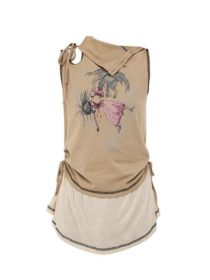 CFIERCE Princess Nightmare Print Vest V Neck T Shirt Long Sleeve