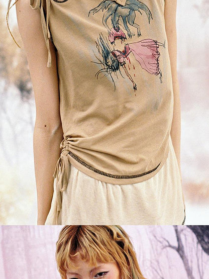 CFIERCE Princess Nightmare Print Vest V Neck T Shirt Long Sleeve