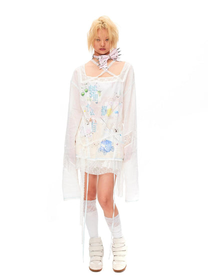 CFIERCE Princess Printed Drawstring Lace Trim Women&