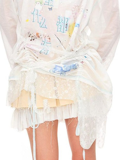 CFIERCE Princess Printed Drawstring Lace Trim Women&