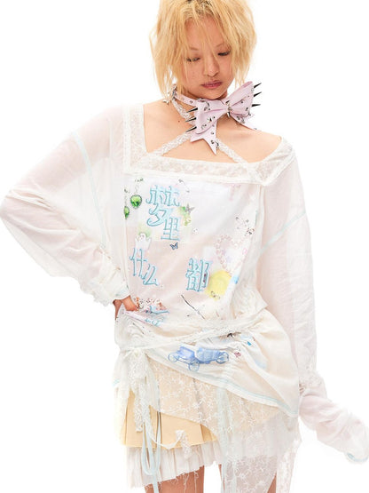 CFIERCE Princess Printed Drawstring Lace Trim Women&